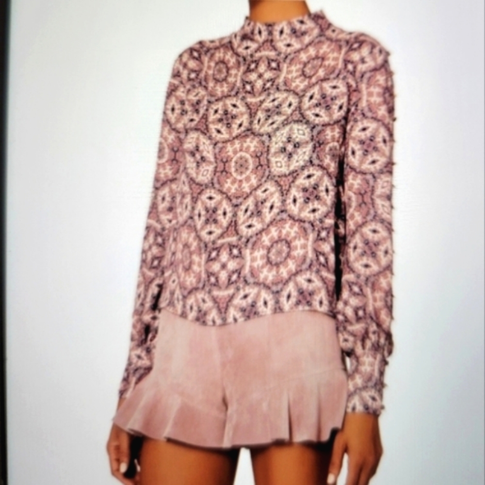 INTERMIX 100% Silk Kaleidoscope Print Mock Neck Blouse Top Split Back